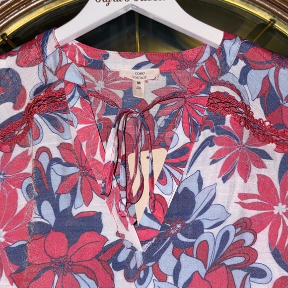 NWT! Como Vintage Floral Print Crochet Detail Notched V-Neckline Sleeveless Top - Picture 5 of 15